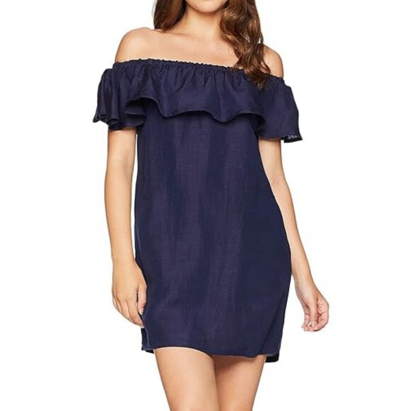 NWT! Tommy Bahama Navy Linen Off Shoulder Ruffle Swimsuit Cover Up Dress NEW! - Picture 1 of 3